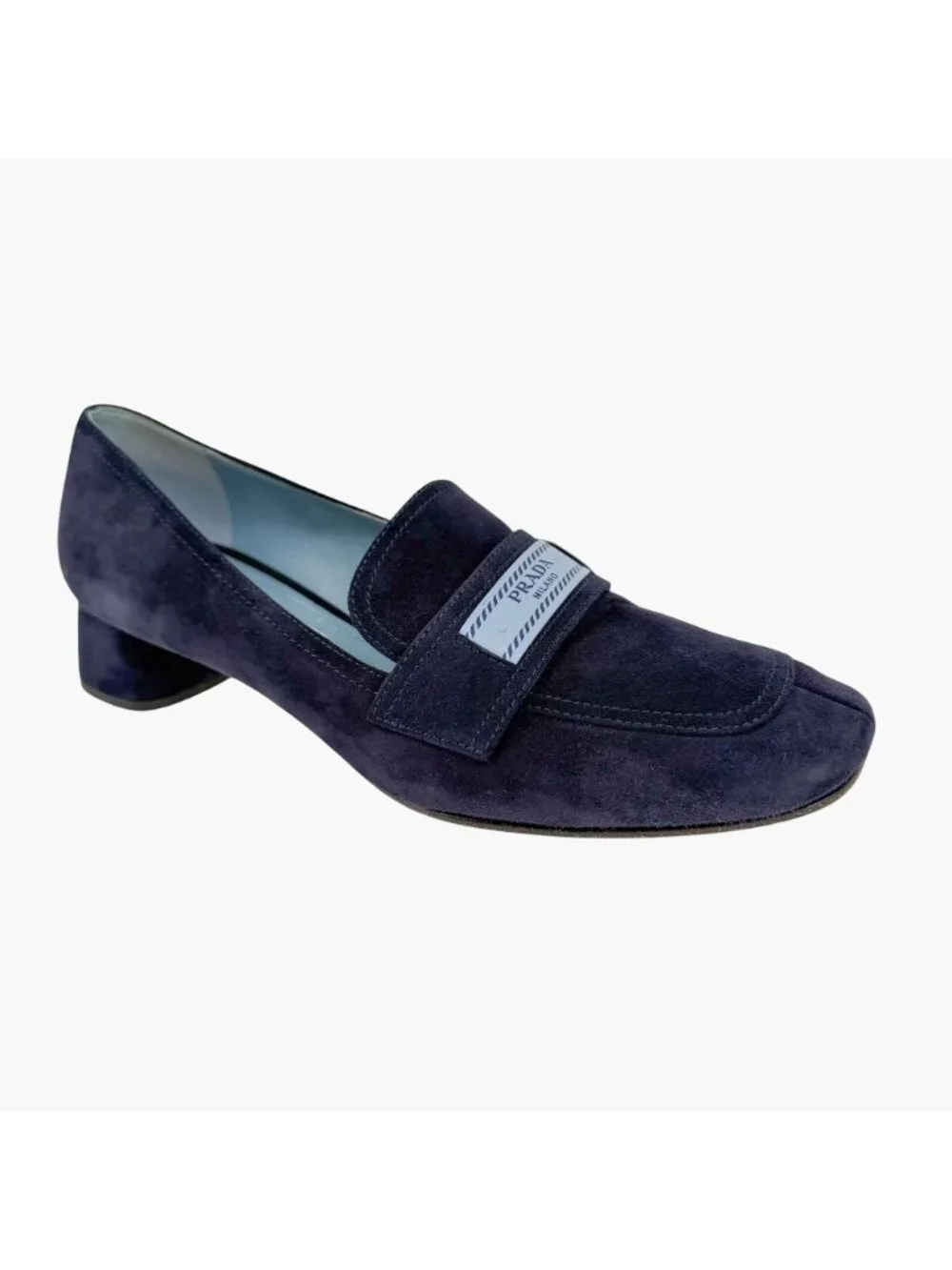 Prada Logo Loafer Pumps Heels Navy Suede Size 37.5 US 7.5 Women’s Blue